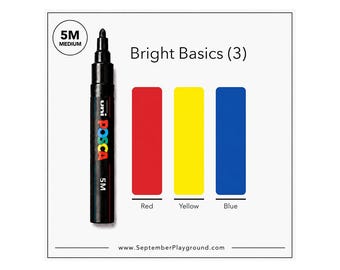 POSCA Paint Markers, 5M, Bright Basics, Set of 3, Acrylic Paint Pens, Opaque, Medium Bullet Tip, Permanent, Primary Colors Red Yellow Blue