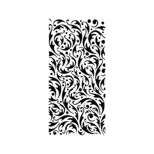 May include: Black and white floral pattern. The design features a repeating pattern of swirling leaves, vines, and dots. The pattern is contained within a rectangular shape, perfect for fabric or wallpaper.