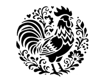 Really Great Stencils, Chicken Stencil 9, 6x6", Folk Art Rooster, Floral Flourishes, Chickens, Animals, Birds, Poultry, Fowl, Round, Farm