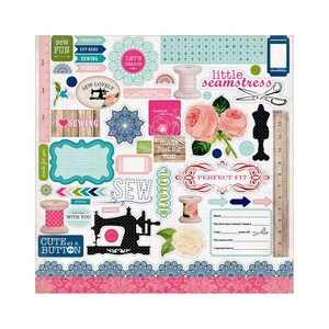 Carta Bella, Sew Lovely, Sewing, Elements Cardstock Stickers, Die-Cut Stickers, Sewing Machine, Thread, Flowers, Dress Form, Journaling