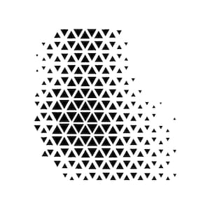 May include: A monochrome geometric pattern composed of black triangles on a white background. The triangles form a dense cluster that gradually disperses towards the edges, creating a visual effect. The design is abstract and graphic.