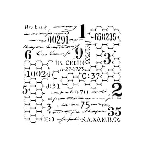 Könnte beinhalten: Schwarzweißes Bild mit einem Wabenmuster und verschiedenen Zahlen und Texten, darunter "658235", "10024", "J:31", "C:37", "II", "S.A.GO.M.B.00" und "TH. SMITH A-27-1723".