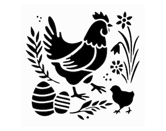 Really Great Stencils, Chicken Stencil 6, 6x6", Hen with Eggs, Folk Art, Floral Flourishes, Baby Chick, Chickens, Animals, Fowl, Farm, Birds
