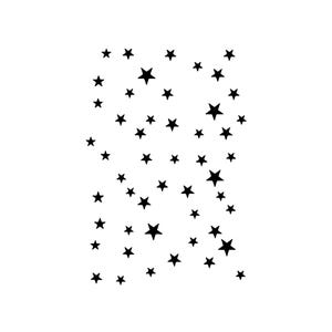 May include: A white background with a pattern of black stars of varying sizes. The stars are five-pointed and scattered across the frame, creating a celestial or whimsical design.