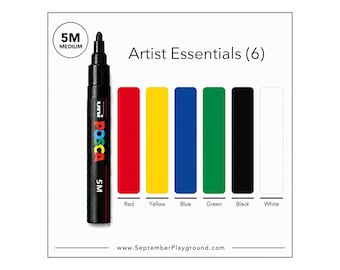 POSCA Paint Markers, 5M, Artist Essentials Set of 6, Acrylic Paint Pens, Opaque, Medium Bullet Tip, Permanent, Basic Colors, Foundation