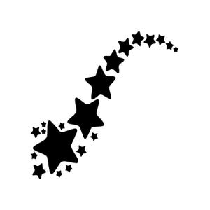 May include: Black star cluster design on a white background. The stars vary in size, creating a flowing, curved pattern. The design features a collection of stars, perfect for stickers, tattoos, or other creative projects.