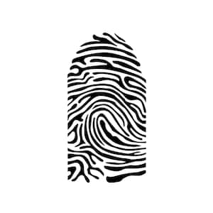 May include: A black and white fingerprint design. The fingerprint is a stylized representation of a human fingerprint, with swirling ridges and patterns. The image is set against a white background.