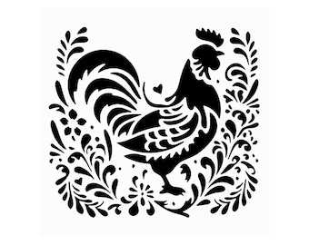 Really Great Stencils, Chicken Stencil 7, 6x6", Folk Art Rooster, Floral Flourishes, Chickens, Animals, Birds, Poultry, Fowl, Farm, Floral
