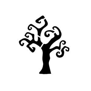 May include: A black stencil design of a leafless tree with a thick trunk and multiple branches that end in distinct, tight spirals. The silhouette features a stark, high-contrast graphic style with open spaces between the branches.
