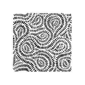 May include: A square, black and white pattern featuring a repeating design of swirling, spiral-like shapes. Each spiral is composed of numerous small, black, dash-like marks, creating a textured appearance against the white background.