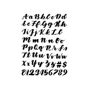 May include: Black, handwritten calligraphy alphabet and numbers on a white background. The letters are in uppercase and lowercase, along with numbers 0-9, a hashtag, and a dollar sign. The font is a cursive style.