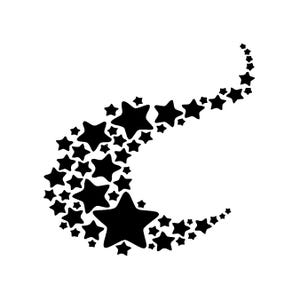 May include: A black star cluster design on a white background. The stars vary in size, creating a flowing, curved shape. The design is a simple, graphic illustration, suitable for various applications.