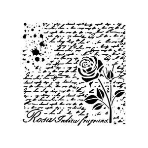 May include: A black and white stencil design featuring a rose with leaves and the text "Rosa Indica fragrans." The background includes script and ink splatters, creating a vintage aesthetic. The design is on a white background.