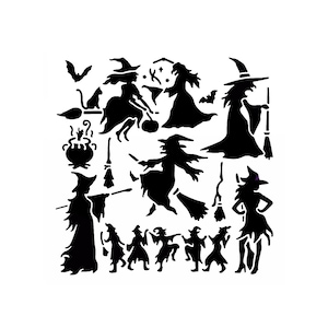 Really Great Stencils, Witches Collage 1 Stencil, 12x12", Large, Halloween, Dancing Spells. Witch Poses,  Flying, Brooms, Cauldron, Chanting