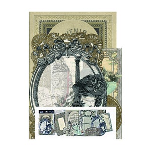 May include: A vintage-style collage featuring a decorative frame with a map inside, a small image of a bird, and a variety of paper ephemera with text in French and English. The collage is in shades of brown, beige, and white.