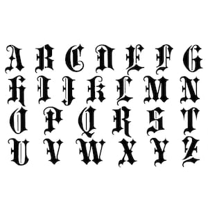 May include: Black gothic style alphabet letters A through Z on a white background. The letters are in a bold, ornate font, perfect for creating unique designs. The letters are evenly spaced and clearly visible.
