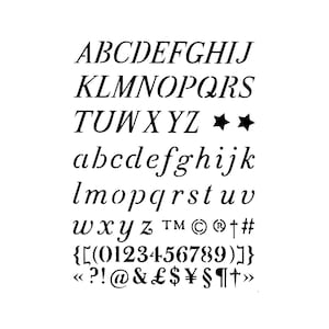 May include: A black and white image displaying the alphabet in uppercase and lowercase, along with numbers and symbols. The font is a classic, italicized style. The characters are neatly arranged, showcasing a complete set of letters, numbers, and punctuation marks.