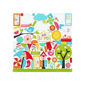 May include: A set of colorful summer-themed scrapbook stickers with phrases like "Happy are the days you", "Hello Summer", "Good times, sun shine", and "Life is good in the summer".