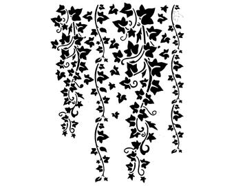 May include: Black and white illustration of cascading ivy vines. The design features detailed leaves and curling tendrils, creating a natural, flowing pattern. The image is a graphic representation of a botanical theme.