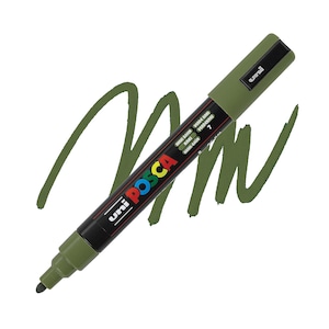 May include: A khaki green Uni Posca paint marker with the brand name and the word "Posca" in colorful letters. The marker is shown with a green paint stroke on a white background.