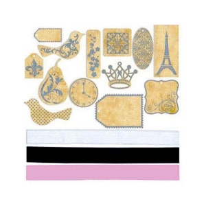 7 Gypsies, Etiquetas Princesca, Adornos para etiquetas, Diario, Diseños vintage, Etiquetas efímeras, Etiquetas de cartulina, Oro y plata, Reloj, Troqueles