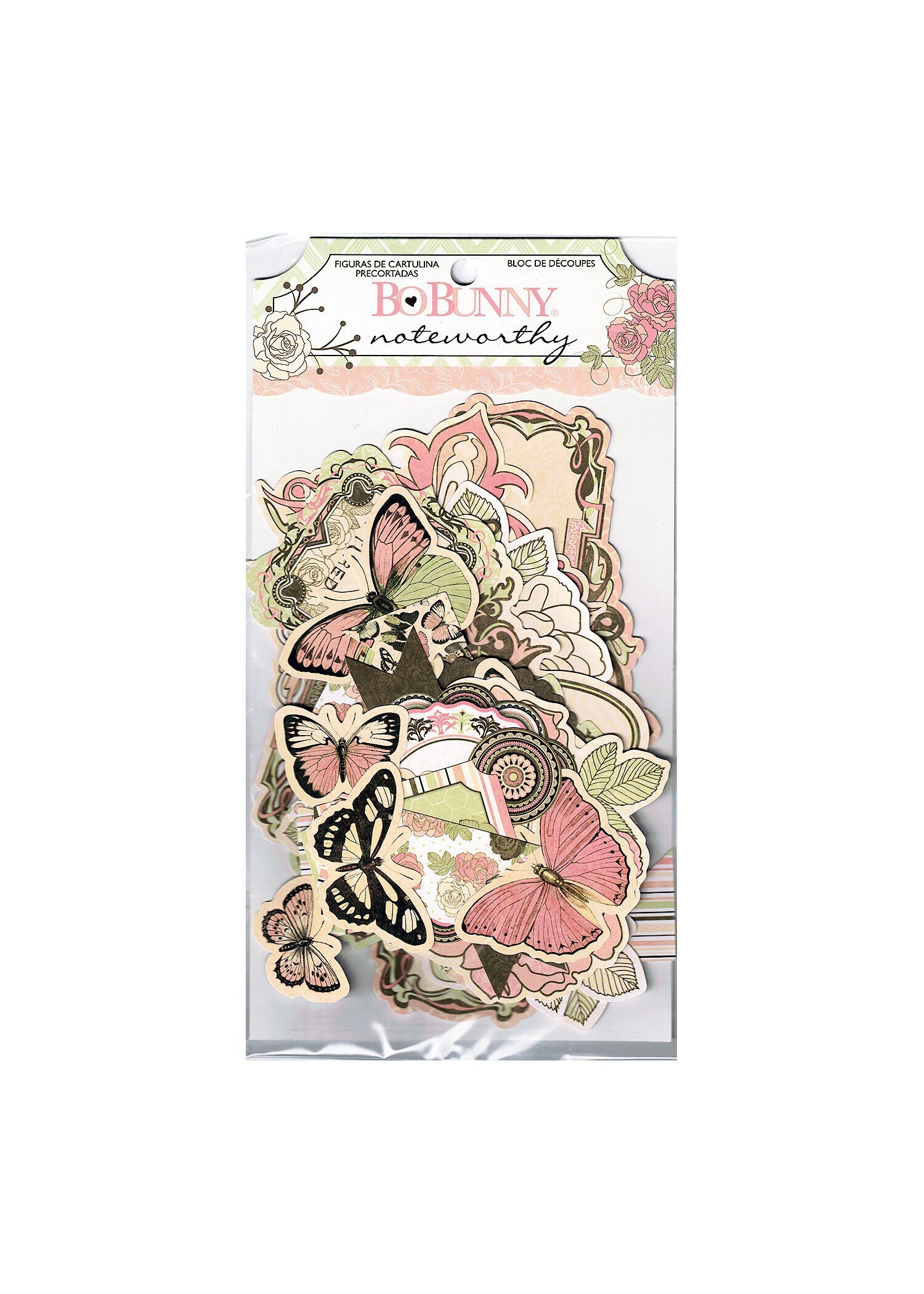 BoBunny, Primrose Collection, Die-Cut Embellishments, Noteworthy, Journaling, Butterflies, Roses, Pennants, Banners, Labels, Buttons