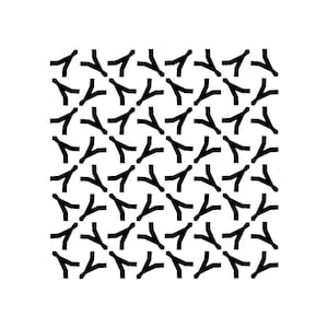 Puede incluir: Un patrón repetitivo de formas de Y negras estilizadas sobre un fondo blanco. Las formas de Y están dispuestas en una cuadrícula, creando un diseño geométrico. El patrón es simétrico y cubre toda la superficie.