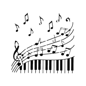 Puede incluir: Ilustración en blanco y negro de notas musicales y un teclado de piano. La clave de sol es prominente, con notas musicales que fluyen de las líneas del pentagrama sobre el teclado. El diseño es simple y elegante, para productos musicales.