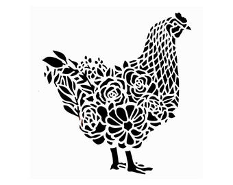 Really Great Stencils, Chicken Stencil 1, 6x6", Folk Art Chickens, Flowers, Floral Fancy Feathers, Birds Poultry Fowl Farm, Farmyard Animals