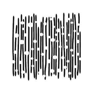 May include: Abstract black and white graphic design. Vertical black lines of varying lengths are interspersed with white circles of different sizes, creating a visually dynamic pattern. The design is set against a clean white background.