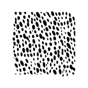 May include: A square pattern with a repeating design of black, oval-shaped spots on a white background. The spots vary in size and density, creating a textured, high-contrast visual effect. The pattern is monochrome.