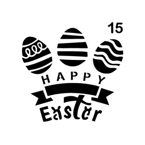 May include: Black and white graphic featuring three decorated Easter eggs above a banner with the words "HAPPY Easter" and the number "15". The eggs have different patterns, including stripes and swirls.