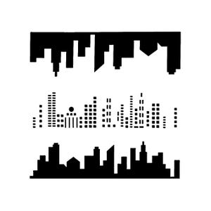 Puede incluir: Tres siluetas de horizonte urbano en blanco y negro. La silueta superior presenta un horizonte irregular. La silueta central tiene un diseño punteado y lineal. La silueta inferior muestra un horizonte más detallado con varias formas de edificios.