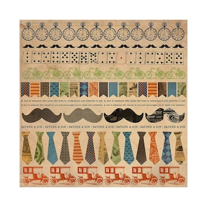 Kaisercraft, Sears & Son, Cardstock Stickers 12", Border Stickers, Vintage Cars, Spielkarten, Fahrräder, Taschenuhren, Vater, Ehemann