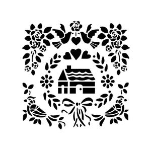 Naprawdę świetne szablony, szablon „Dom wiejski”, 6x6", wielokrotnego użytku, warstwowe, wianek z liści, serca, ptaszki, róże, narożniki, kwiaty, dom