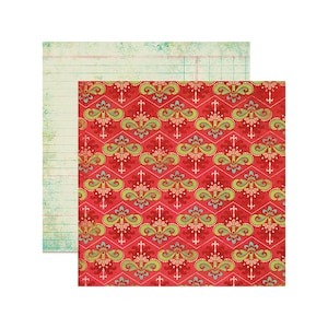 May include: Two patterned scrapbook paper sheets. One sheet is a red background with a repeating pattern of green, blue, and pink floral designs. The other sheet is a white background with blue lines and a light green and blue faded pattern.
