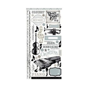 May include: A sheet of black and white stickers with musical instruments and music notes. The stickers include a violin, a trumpet, a piano, a bass, and a treble clef. The text on the stickers includes "Concert", "Music", "Violin, Cornet & Piano Dance Folio No. 2", "Melody", "Perfec-Tone", "Song", "Memories", "Orchestra", and "Piano".