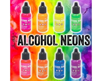 Ranger, Tim Holtz, Alcohol Ink, Neon Full Set, 8 Colors, .5 fl oz, Bright, Vibrant, Luminous, Fluorescent Alcohol Ink