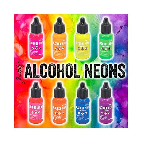 Ranger, Tim Holtz, Alcohol Ink, Neon Full Set, 8 Colors, .5 fl oz, Bright, Vibrant, Luminous, Fluorescent Alcohol Ink