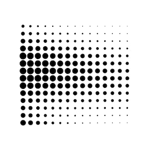 Puede incluir: Un diseño gráfico en blanco y negro con un patrón de círculos negros espaciados. Los círculos varían en tamaño, creando un efecto de degradado. El fondo es blanco liso, resaltando el patrón.