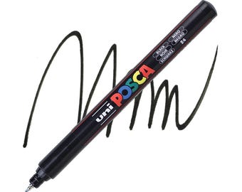 May include: A black Uni Posca marker with the word "Posca" in red, blue, yellow, and green. The marker is creating black strokes on a white background. The marker has the words "Black", "Noir", "Nero", and "Schwarz" printed on it.