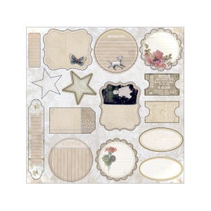 Melissa Frances, Attic Treasures, recortes de cartolina, espaços para registro de diário, foto vintage de bebê, ingressos, enfeites de cartolina, tons de bege