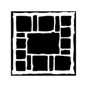 Puede incluir: Un diseño de plantilla en blanco y negro que presenta un marco cuadrado con bordes irregulares. Dentro del marco, hay varias formas rectangulares y cuadradas negras, creando un patrón geométrico. El diseño es simple y audaz.