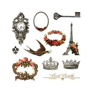 Design pailleté, French Kiss, stickers vintage, transparents, embellissements d'autocollants, paillettes, scintillant, transparent, tour Eiffel, couronne, cadres