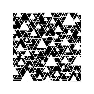 May include: A black and white geometric pattern featuring numerous white triangles of varying sizes against a black background. The triangles are arranged in a seemingly random, overlapping design, creating a textured effect. The overall aesthetic is modern and abstract.