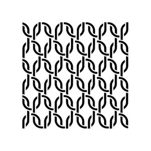May include: A repeating pattern of interlocking black shapes on a white background. The design consists of curved, elongated links, creating a chain-like or woven appearance. The pattern is evenly spaced and covers the entire image.