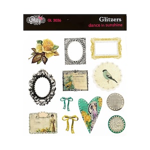 Design pailleté, Dance in Sunshine, stickers vintage, transparents, embellissements, paillettes, strass, femmes vintage, cadres, coeur, noeuds