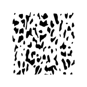 May include: A square pattern featuring a repeating design of black, irregular shapes on a white background. The shapes vary in size and form, creating a spotted or speckled effect. The design is simple and graphic.