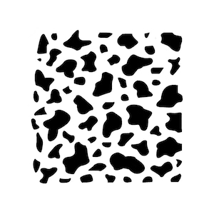 May include: A square pattern featuring a repeating cow print design. The pattern consists of irregular black shapes on a white background. This design is suitable for various applications, including fabric, wallpaper, or digital art.