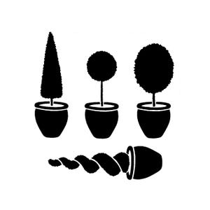 Könnte beinhalten: Schwarz-Weiß-Illustration von drei Topiarpflanzen in Töpfen, eine konisch, eine kugelförmig und eine rund. Ein vierter Topf ist umgestürzt, mit einer stilisierten, spiralförmigen Pflanze, die herausquillt.